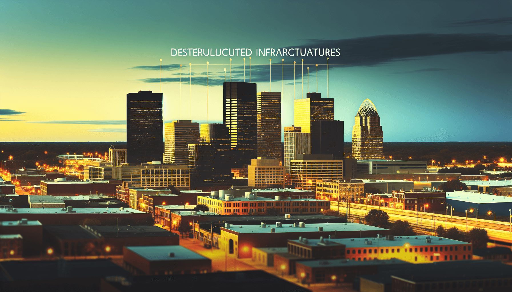 Modern cityscape at dusk with contemporary architecture and streetlights.