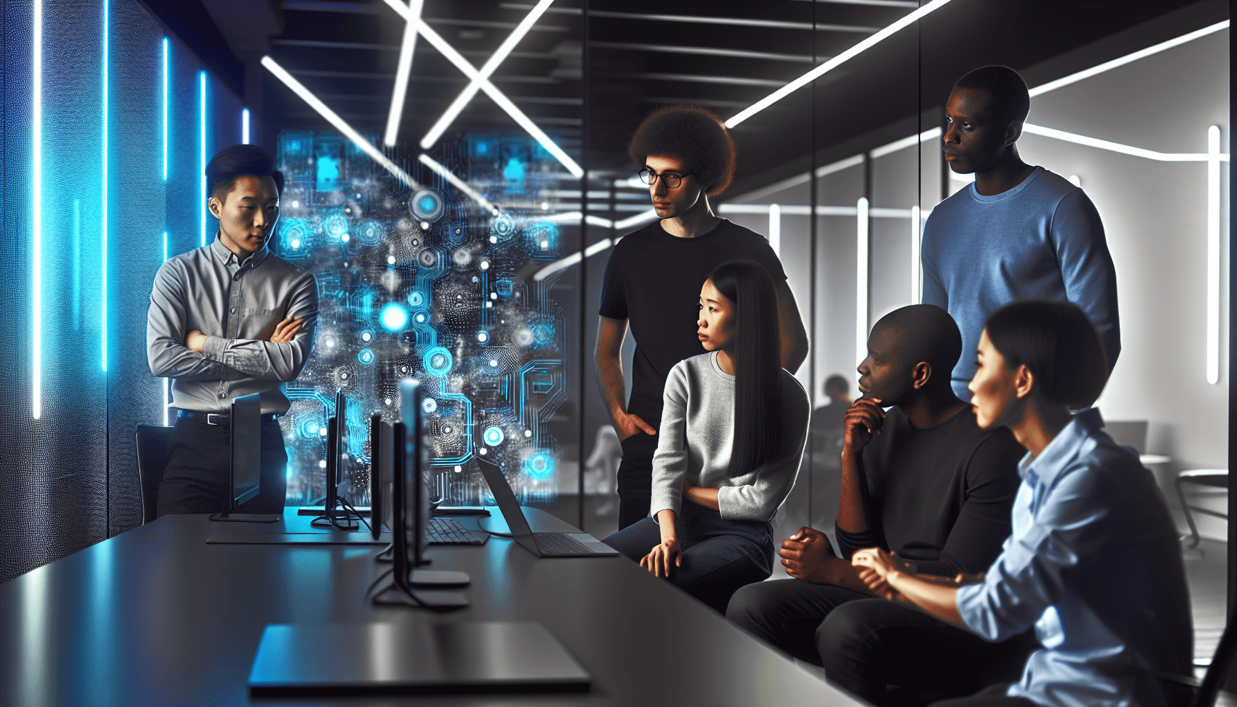A diverse team of tech professionals collaborating in a modern office with digital screens.