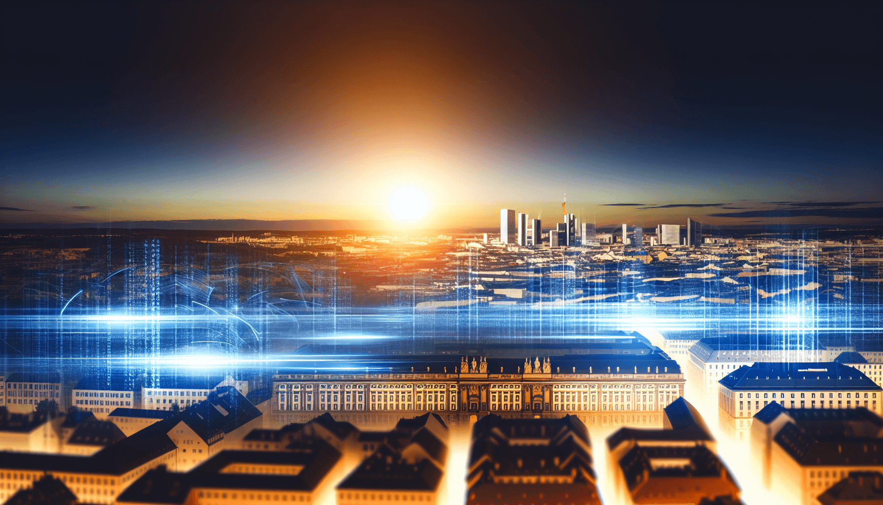 A futuristic European cityscape at dusk, illuminated by blue and gold lighting, representing digital innovation.