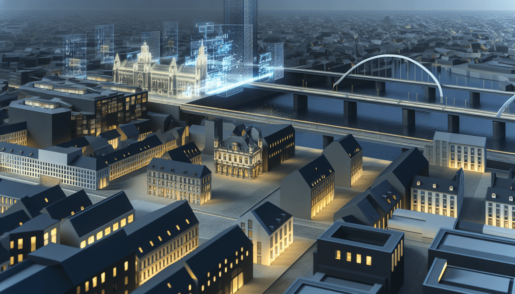 A futuristic European cityscape at dusk with a blend of traditional and modern architecture.