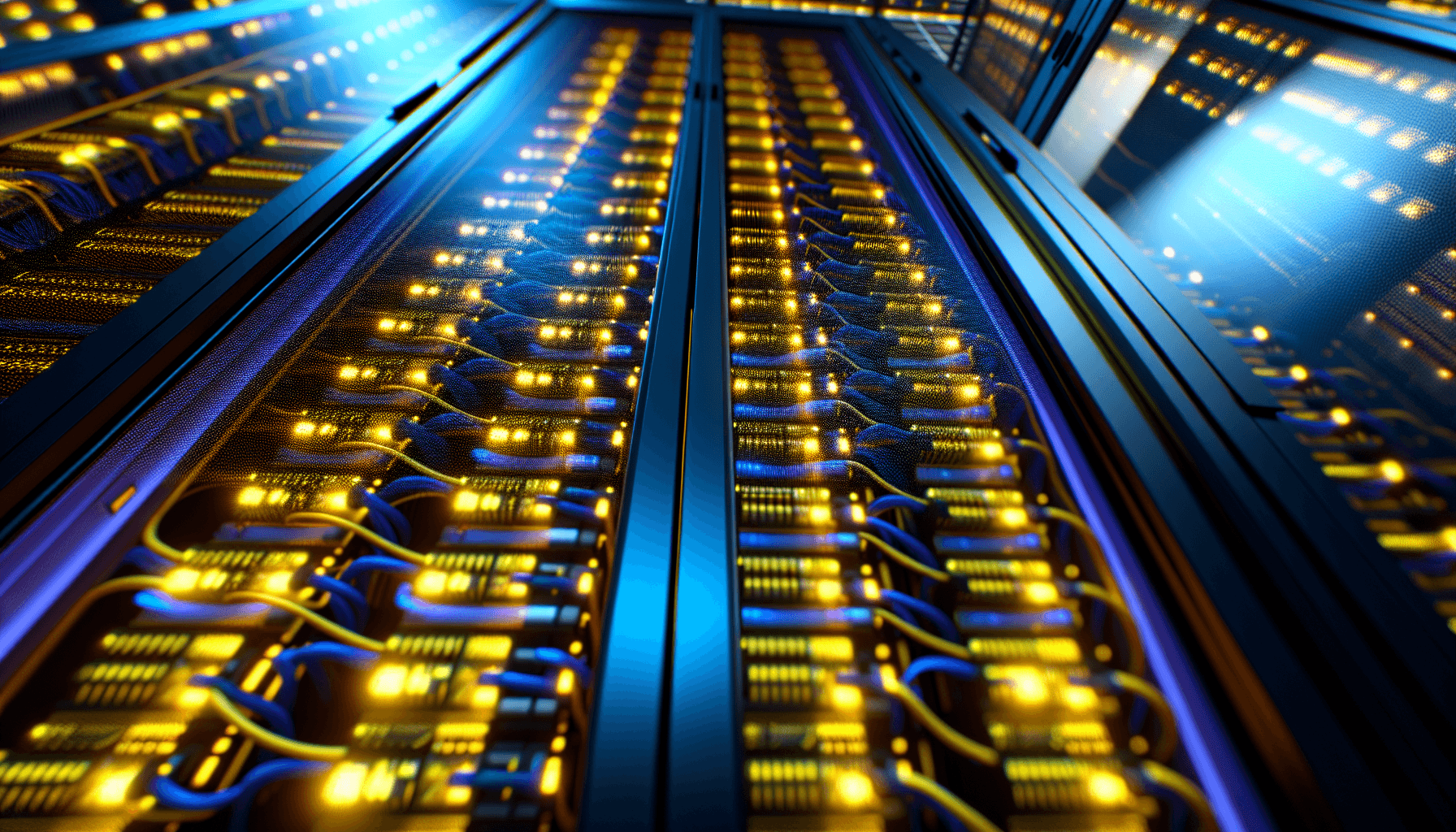 A high-tech server room with servers glowing in blue and gold lights, representing secure cloud infrastructure.