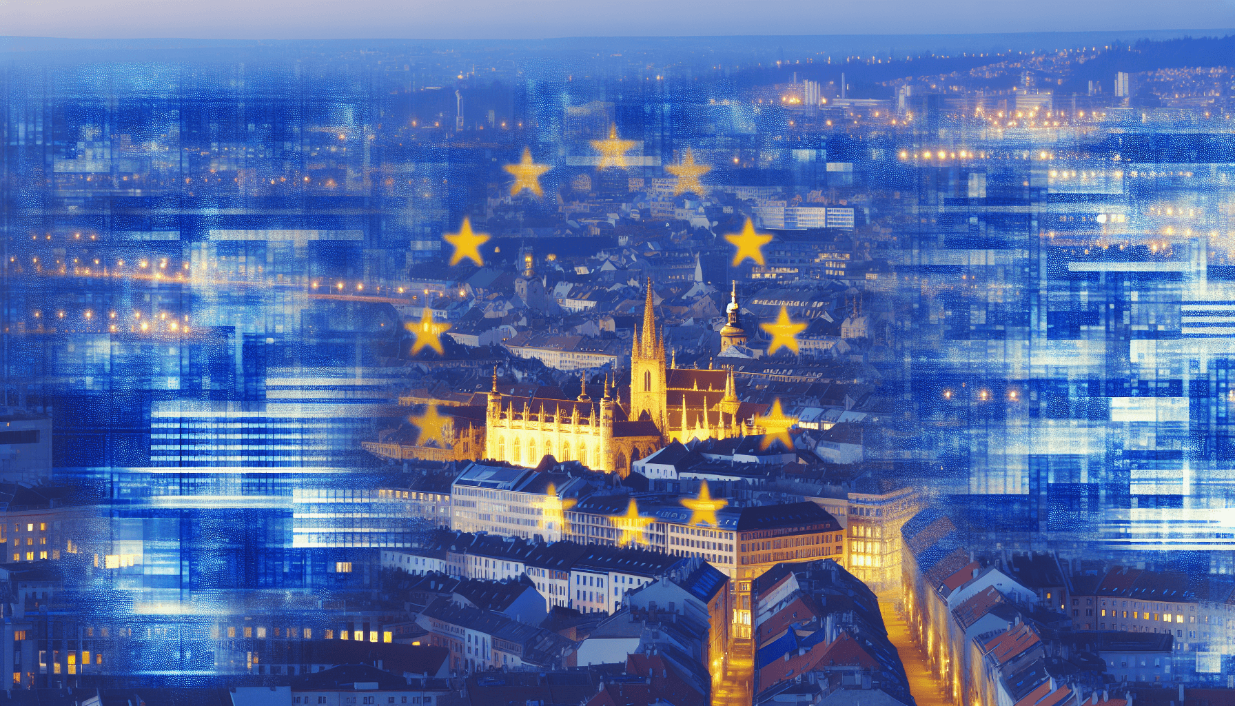 A modern European cityscape at dusk, showcasing the blend of historic and modern architecture, symbolizing EU digital advancements.