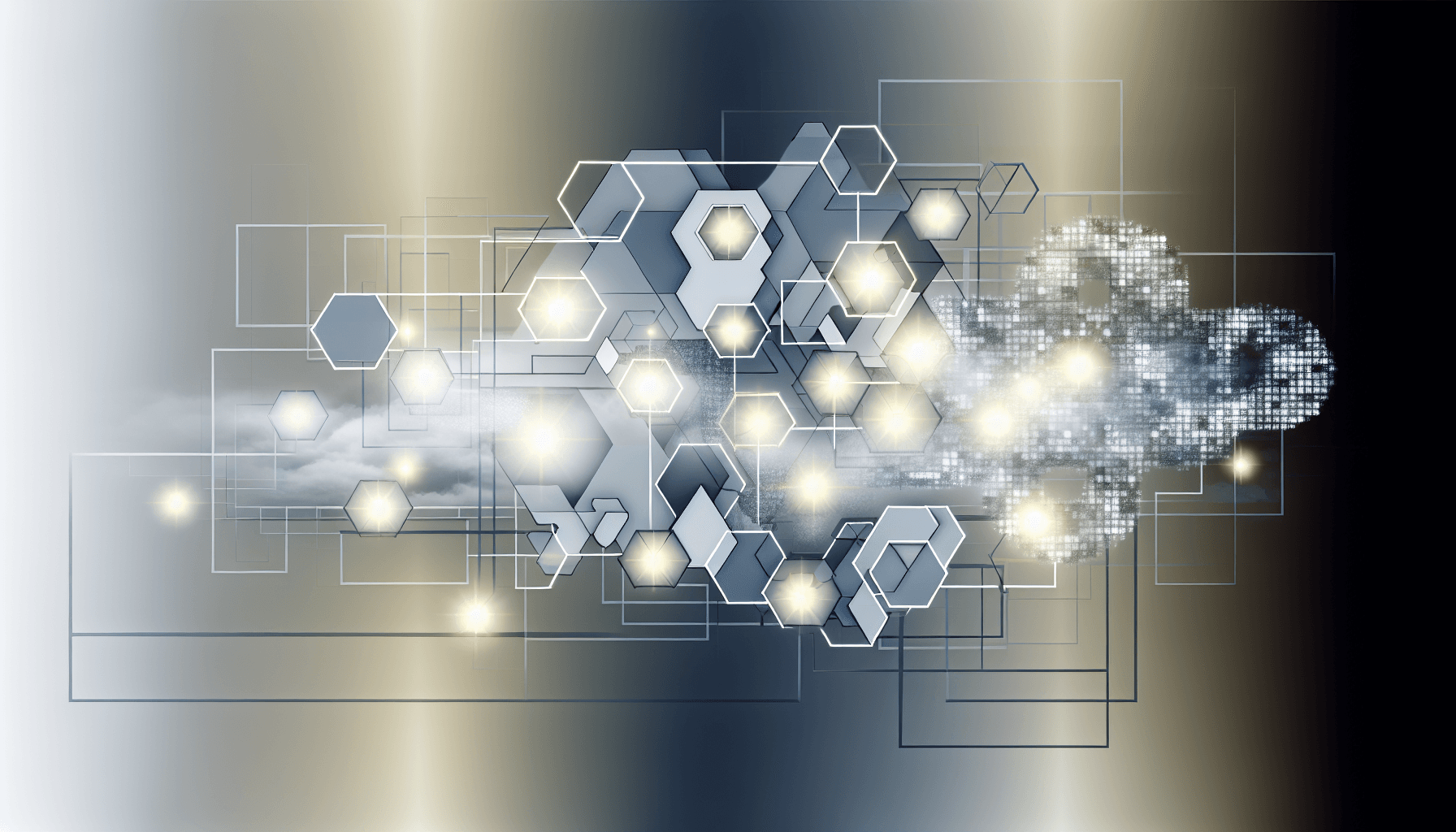 Abstract illustration with geometric shapes and light patterns symbolizing digital transformation.