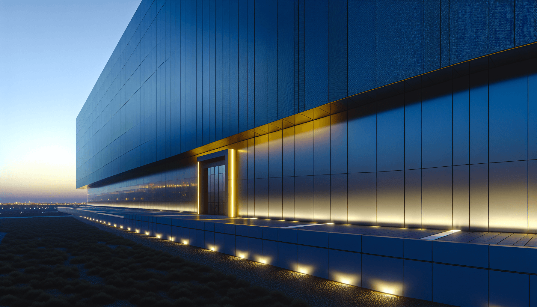 Futuristic data center with blue and gold lighting, symbolizing cybersecurity and innovation.