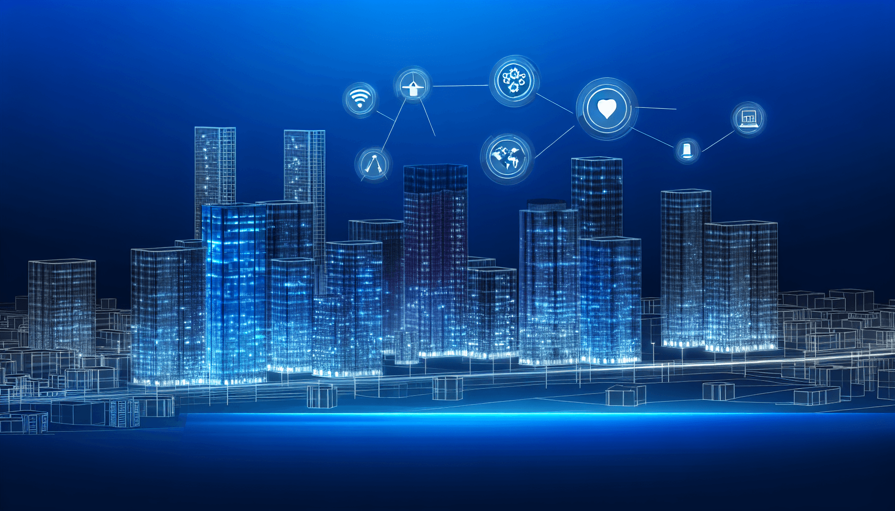 A futuristic cityscape at dusk, showcasing modern skyscrapers and technological advancement in digital infrastructure.