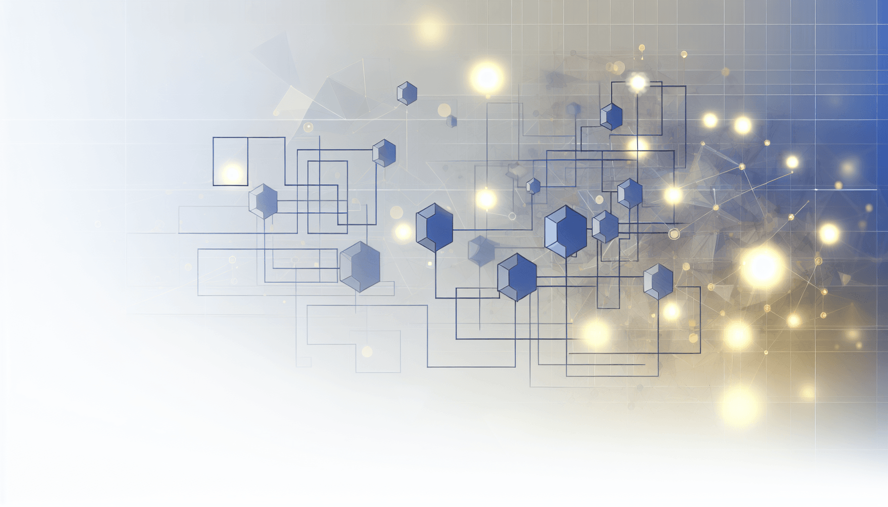 Abstract geometric shapes and light patterns representing data flow and system architecture.