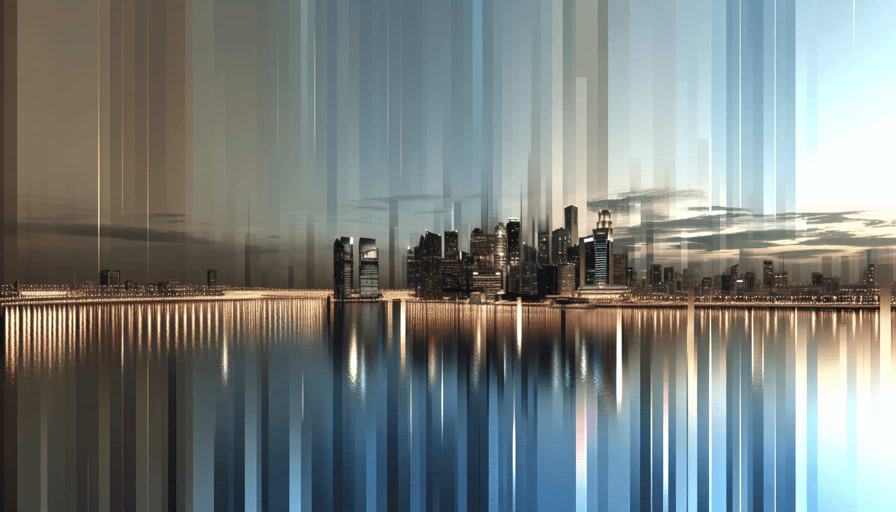 Futuristic cityscape at dusk with illuminated skyscrapers reflecting in water.