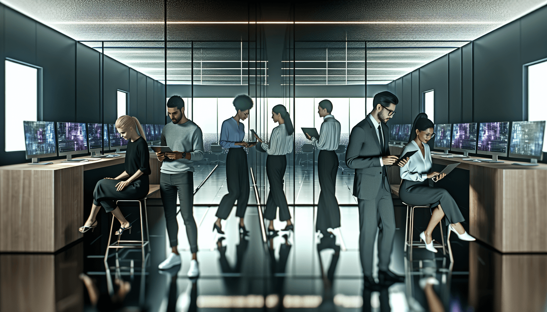 Professionals working in a futuristic office space, symbolizing collaboration and modern technology.