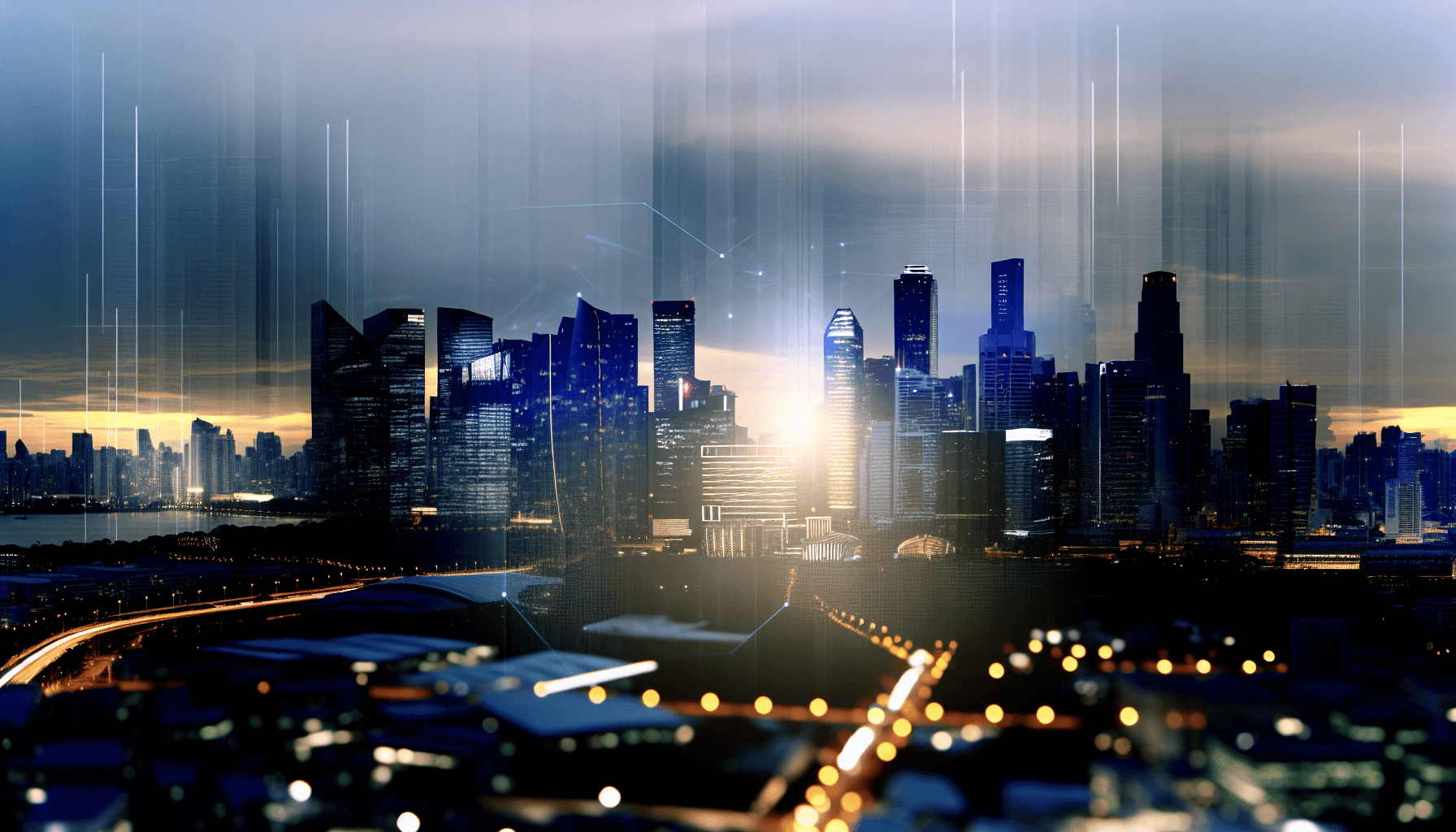 A futuristic cityscape at dusk with modern architecture and glowing lights.
