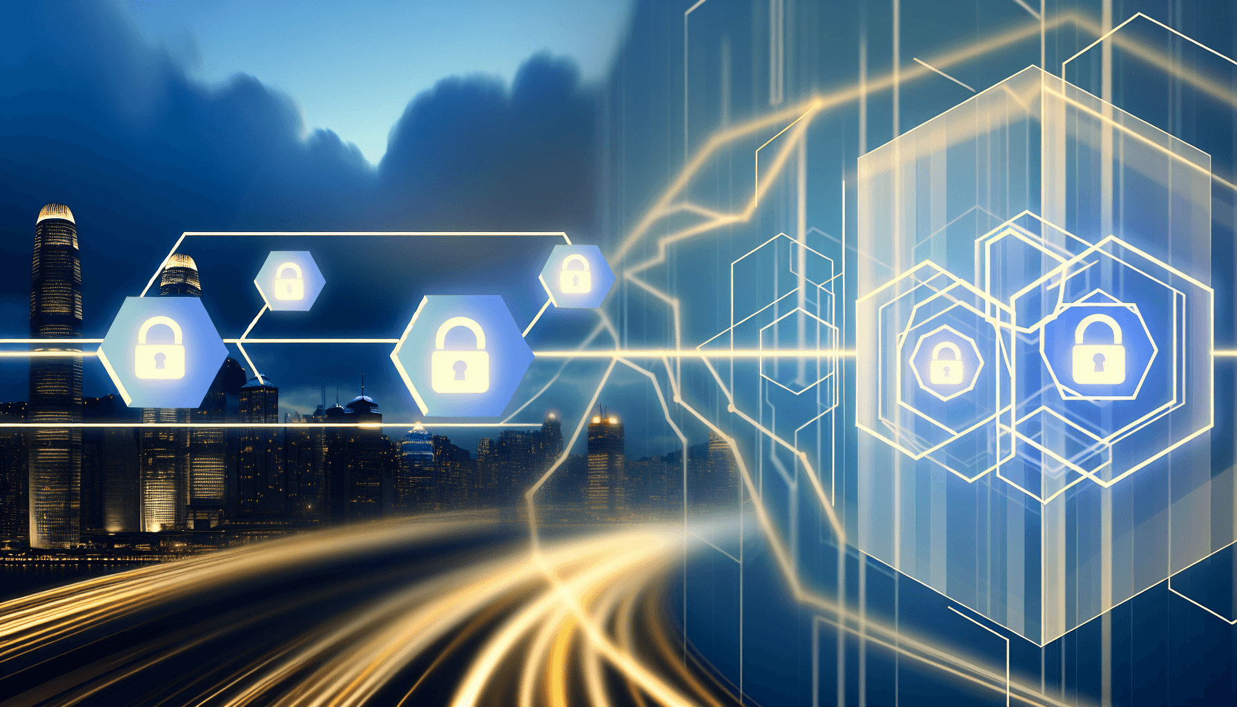 Abstract representation of secure data flow in IoT networks with geometric shapes and light trails.