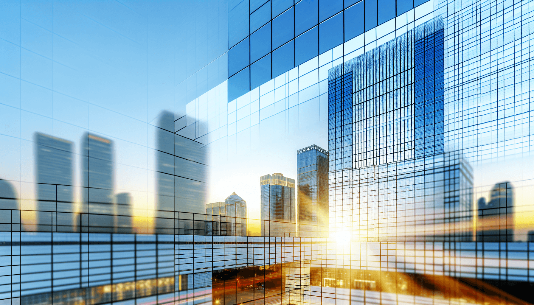 Contemporary cityscape at dusk with illuminated skyscrapers.