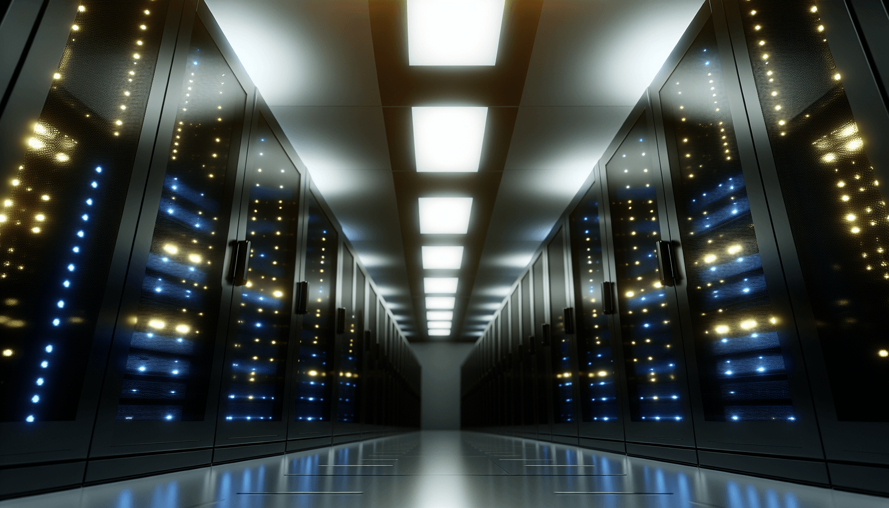 Futuristic data center with sleek server racks and LED lighting.