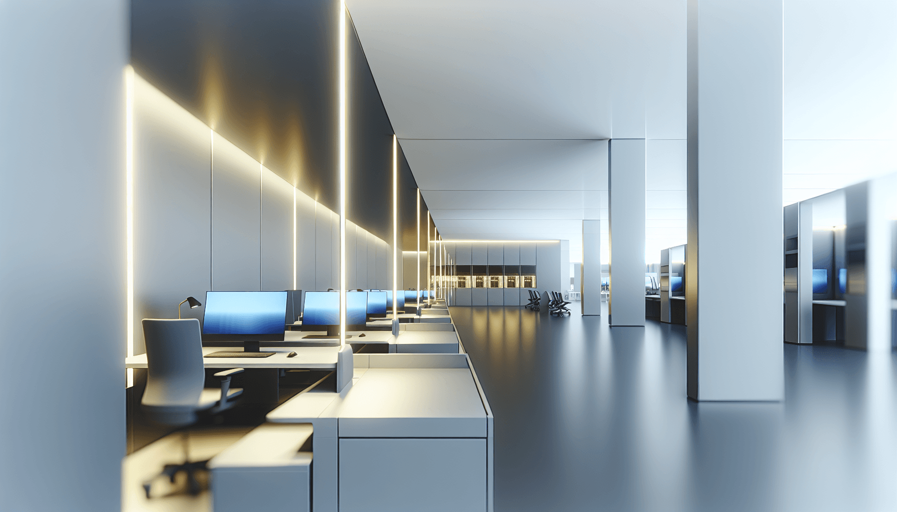 Futuristic tech workspace with sleek workstations and advanced computing devices.