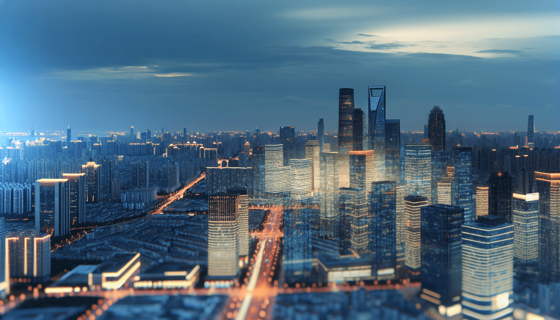 Modern cityscape at dusk with illuminated buildings, symbolizing digital infrastructure.
