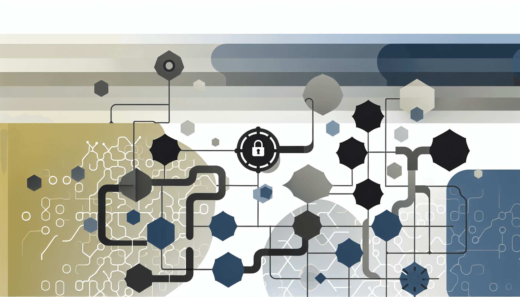 Abstract geometric shapes and light patterns representing a secure CI/CD pipeline, using a minimalist color palette of blacks, greys, blues, and gold.