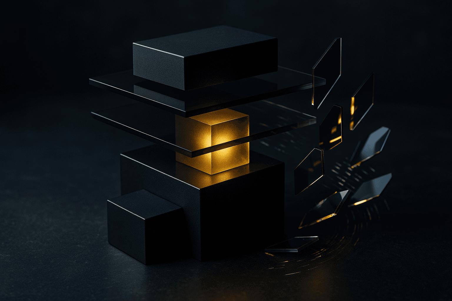 Abstract black metal and smoked glass sculpture with a glowing gold center