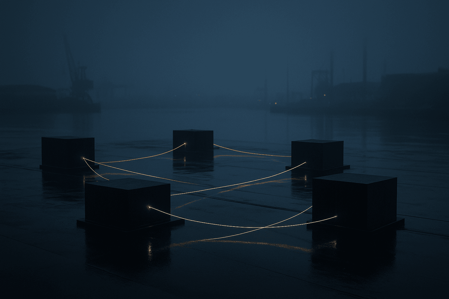 Pre-dawn industrial scene with faint gold light connections in blue fog