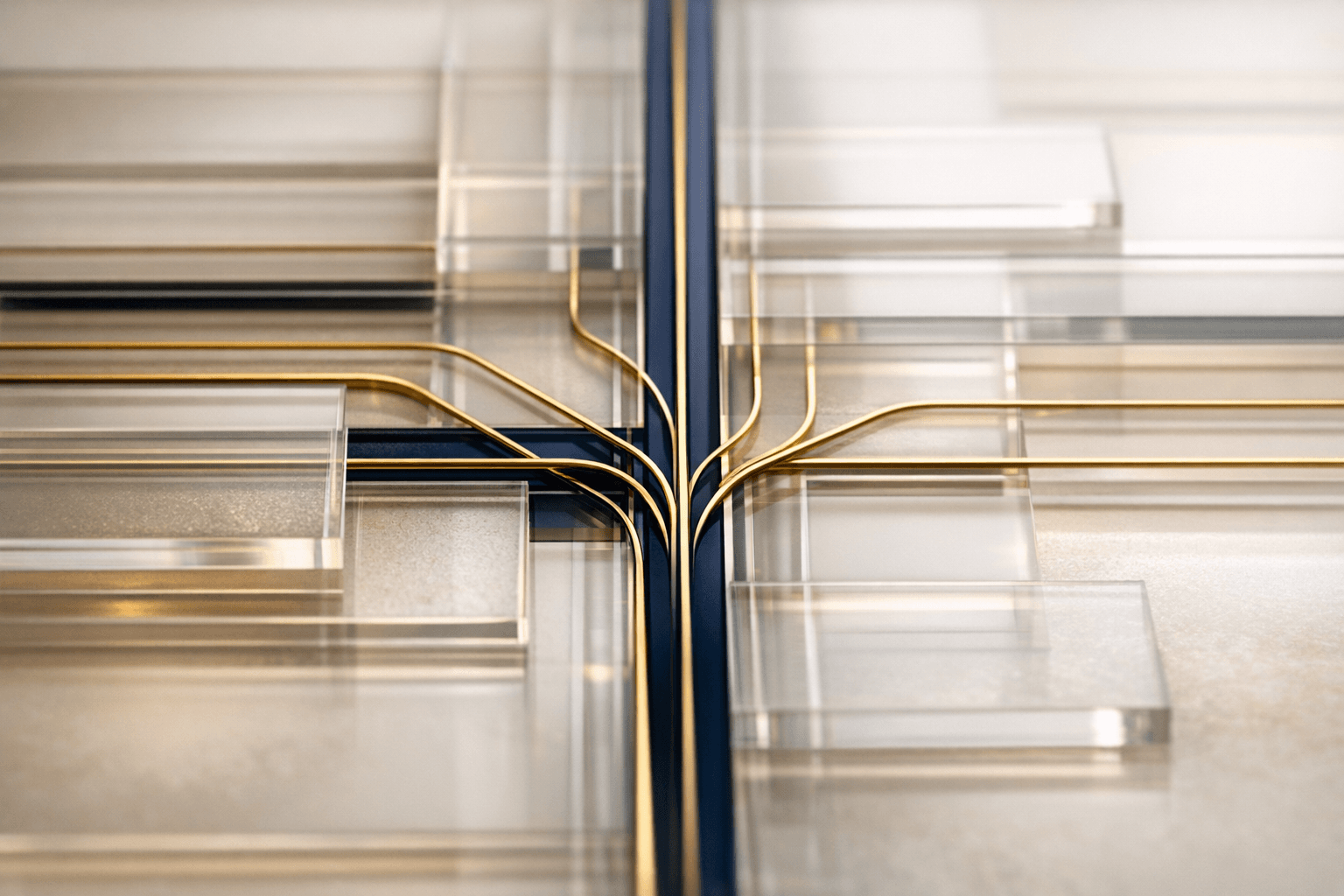 Abstract layered acrylic structure with ordered branching paths
