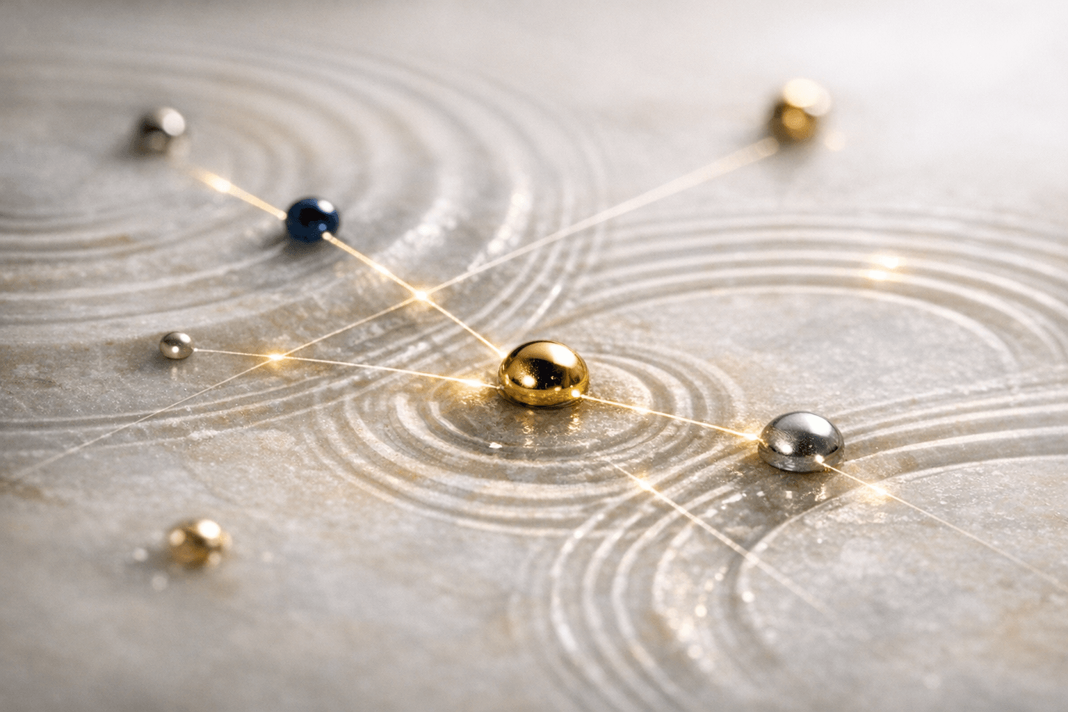 Abstract macro ripples and metallic droplets connected by fine luminous threads