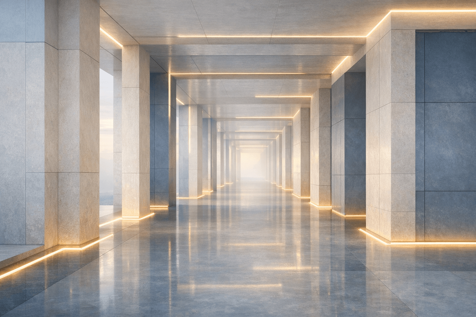 Bright architectural corridor with warm light bands fading into a calm distant haze