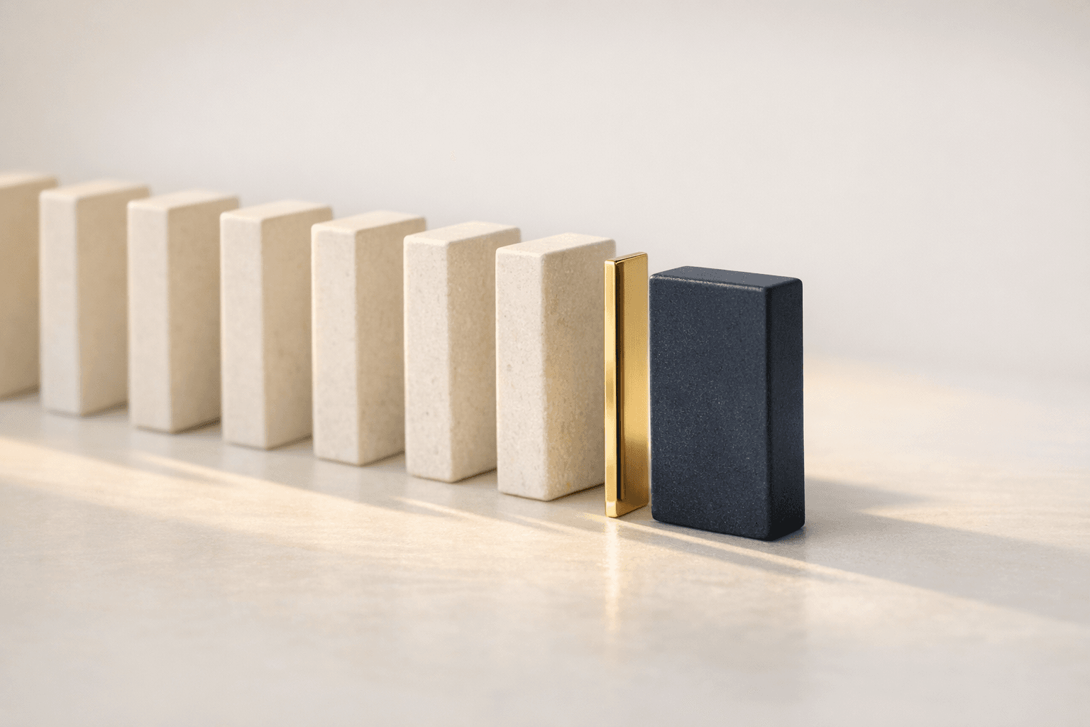 Minimal domino arrangement with a navy block stopped by a gold barrier