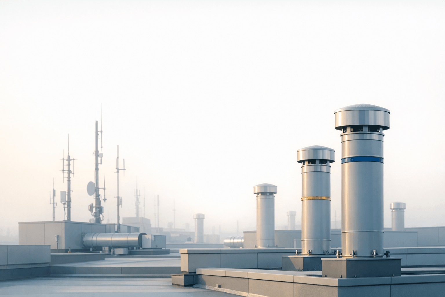 Minimal rooftop infrastructure at dawn against a bright pale sky