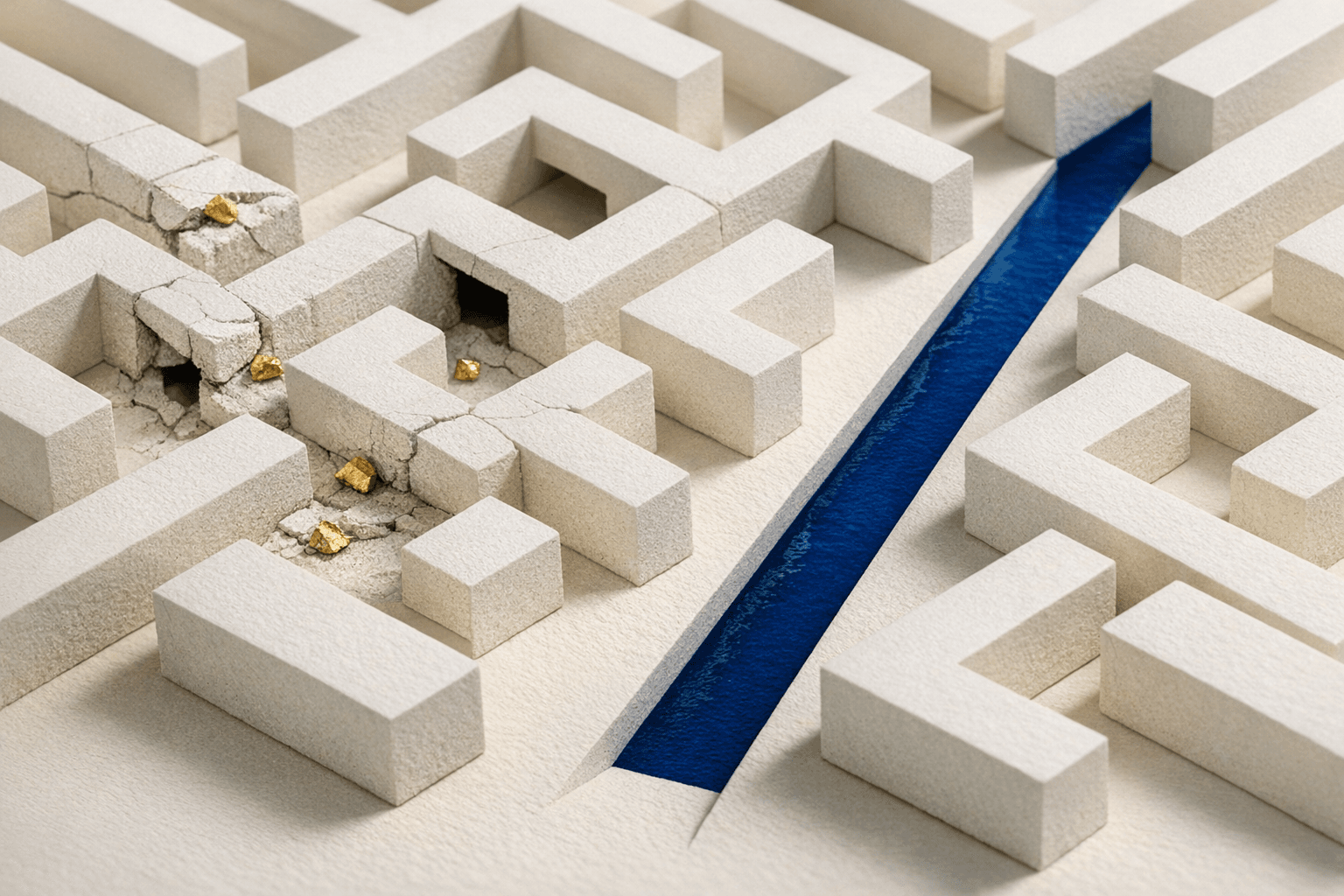 Off-white architectural maze with blue channels and gold fragments representing hidden security flaws