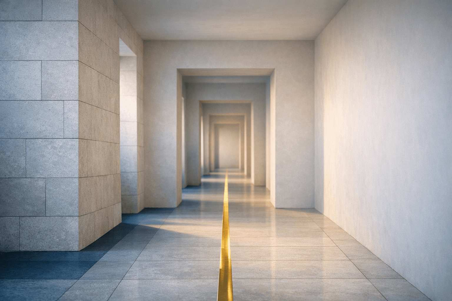 Quiet pale architectural corridor with a gold inlay line leading into the distance