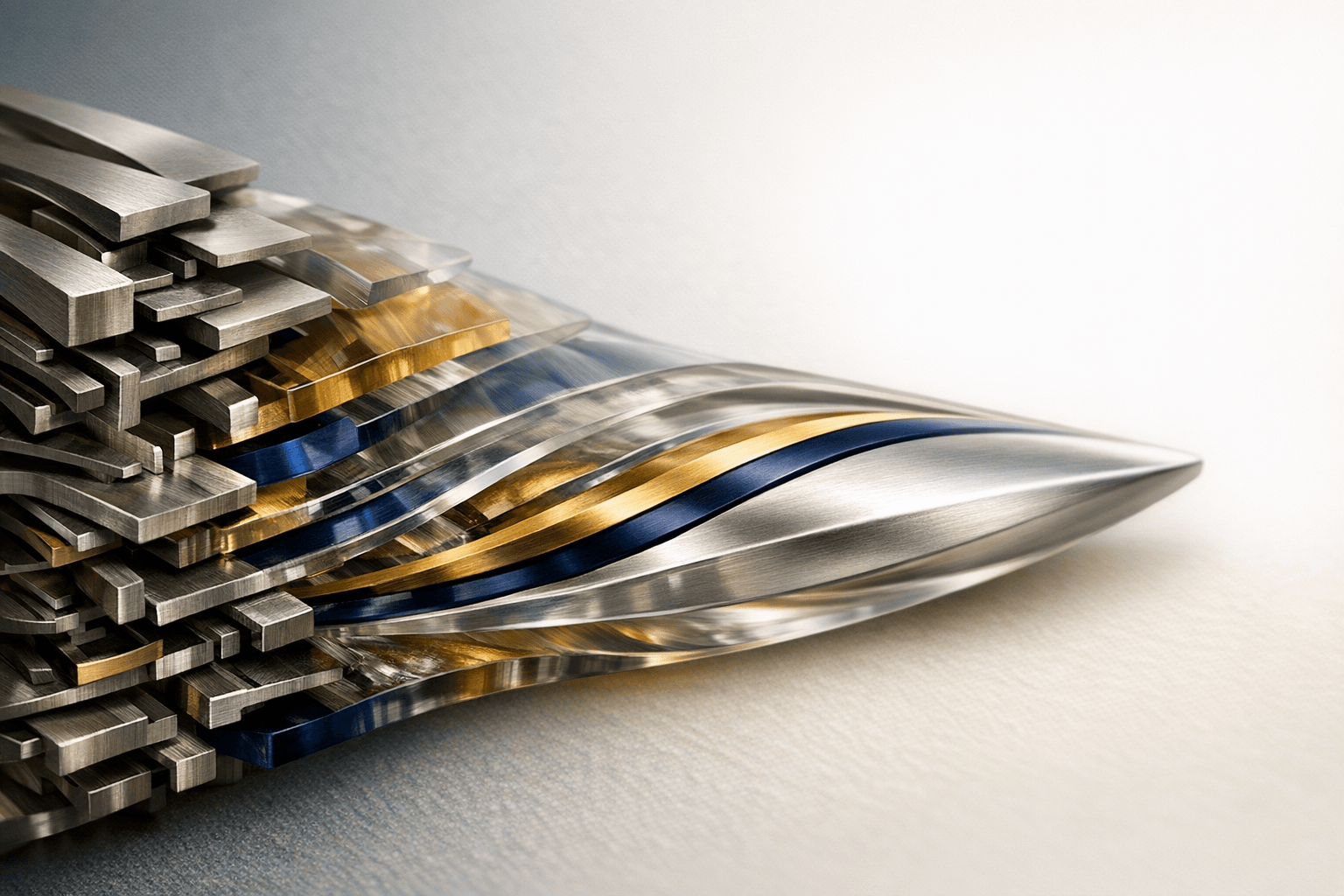 Abstract machined layers transitioning from dense complexity to a streamlined form