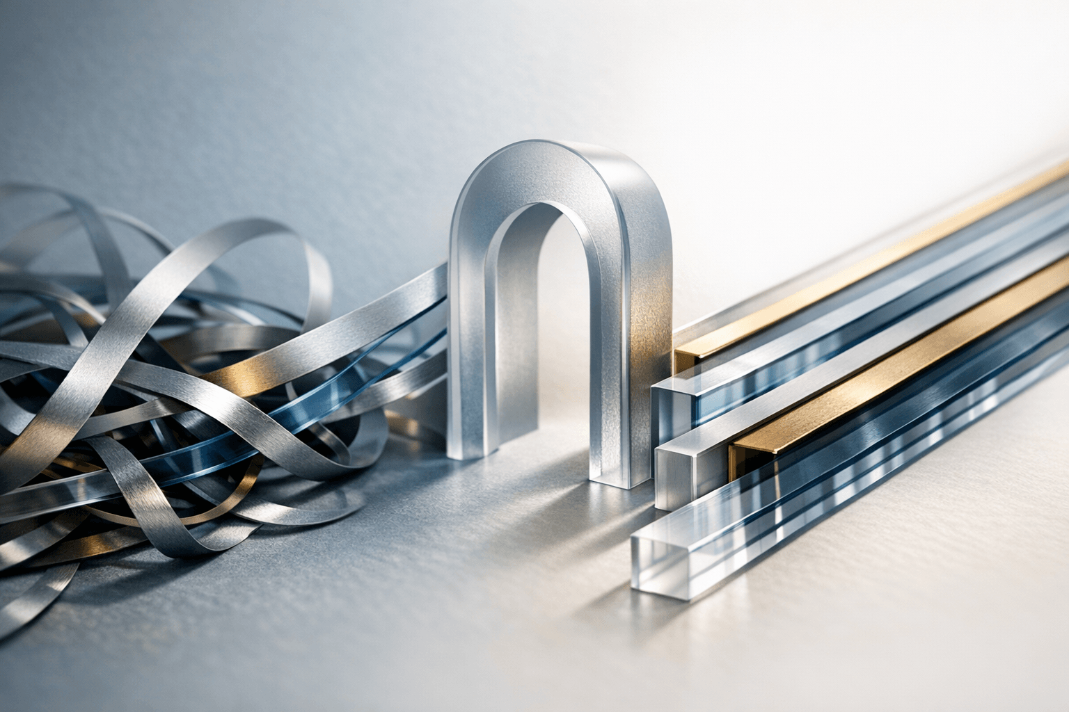 Abstract metal and glass ribbons resolving from clutter into ordered layers