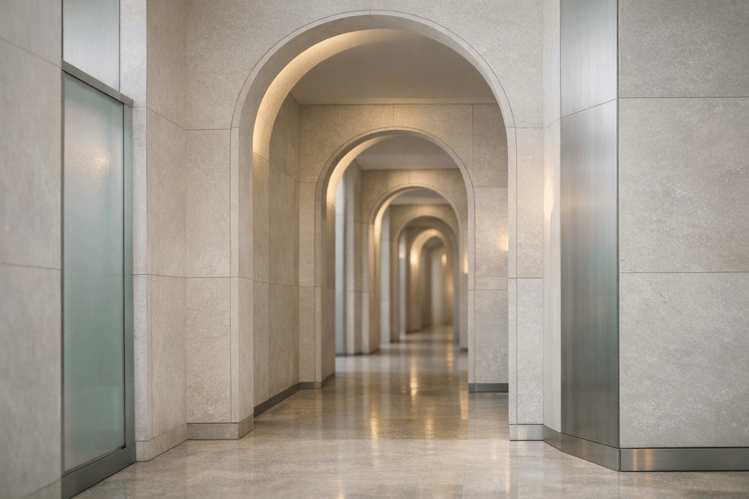Minimal corridor of aligned archways suggesting orderly paths and governance