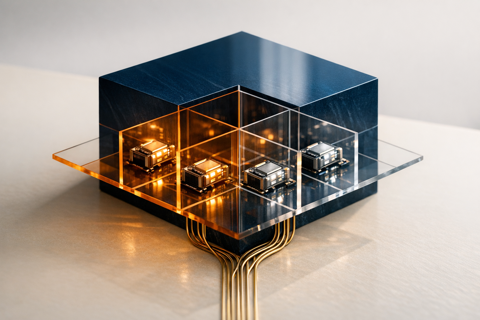 A dark-blue prism with separated glowing modules linked by fine gold conduits.