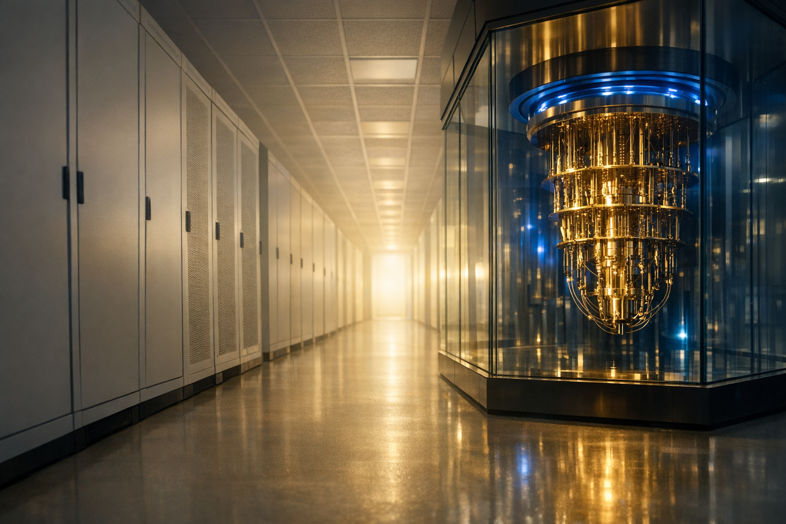 Light-filled data-center corridor with a blue-and-gold quantum hardware enclosure.