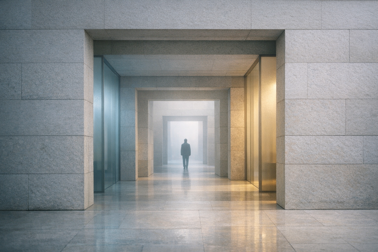 Light stone corridor with partitioned routes and subtle blue and gold illumination.