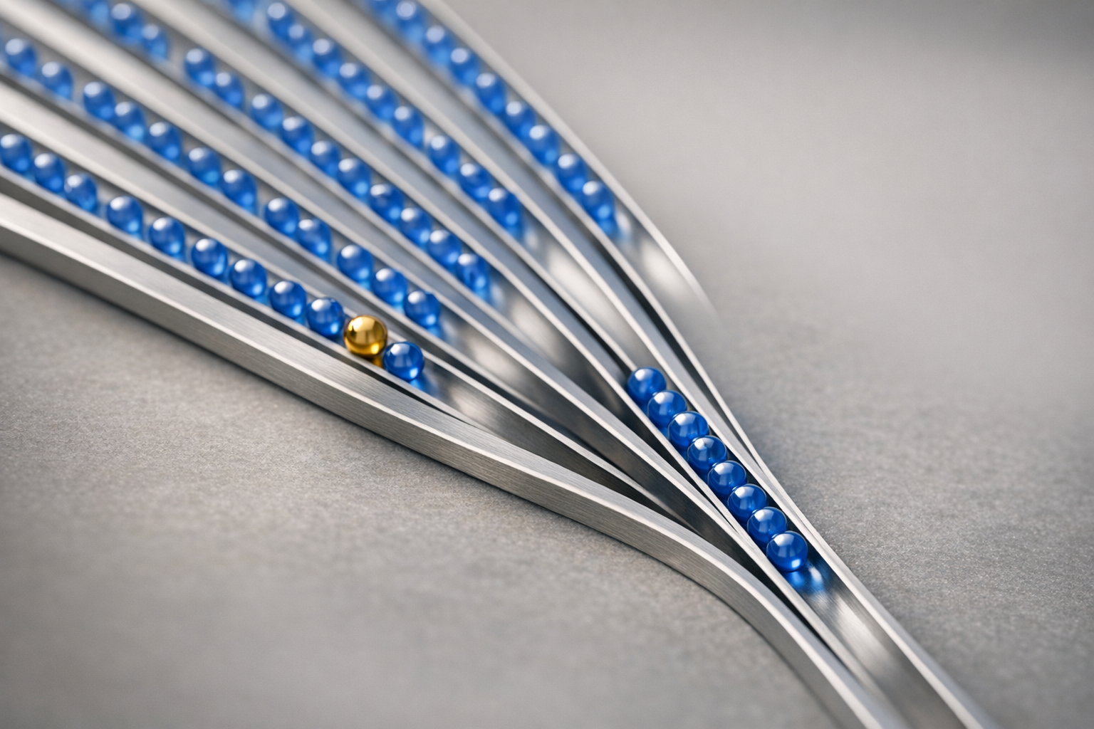 Parallel metal channels guide blue beads into one ordered path.