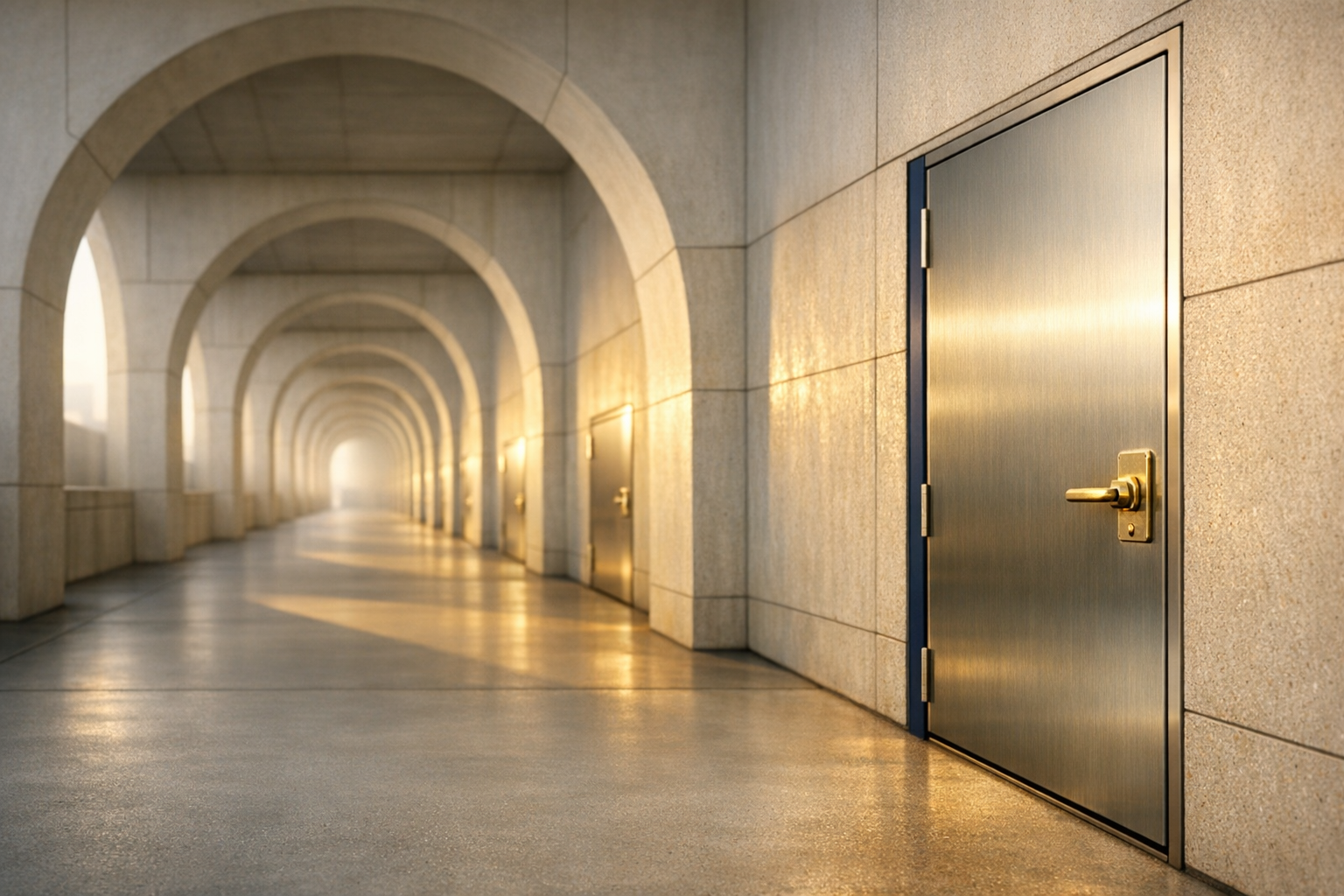 Sunlit modern corridor with repeating maintenance doors and one blue-edged gold-latched door.