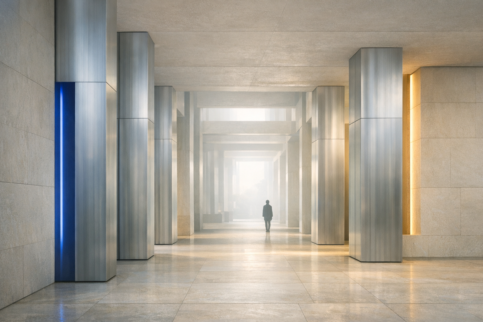 A calm modern infrastructure hall with layered columns and gold-blue light accents.