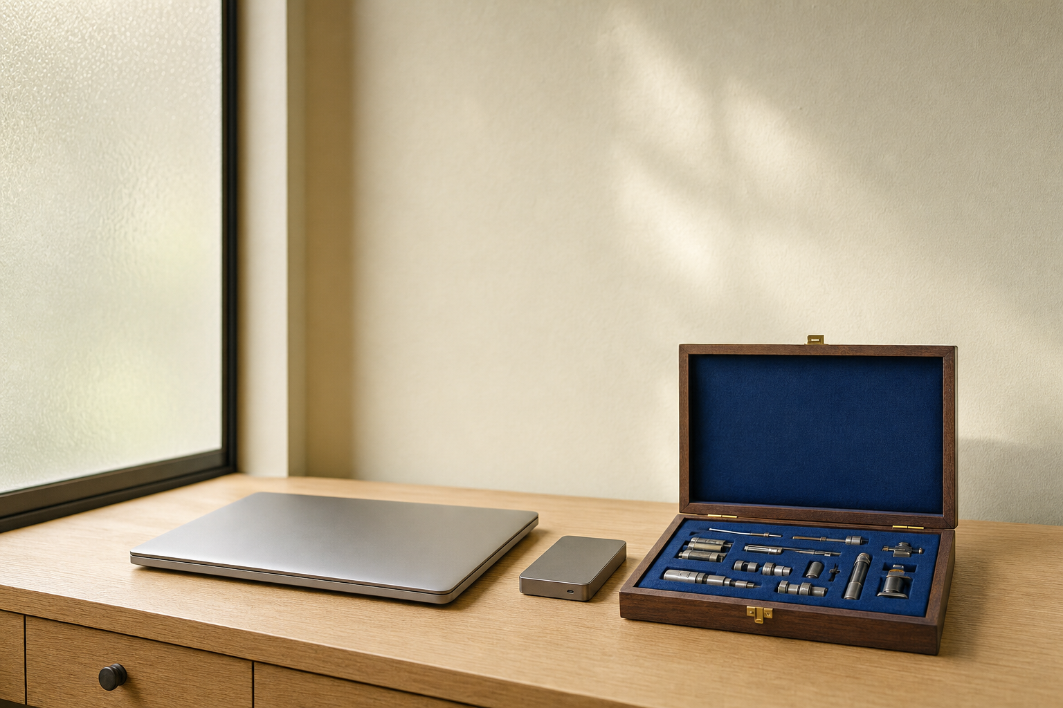 A closed laptop, external drive, and fully packed component case in a softly lit workspace.
