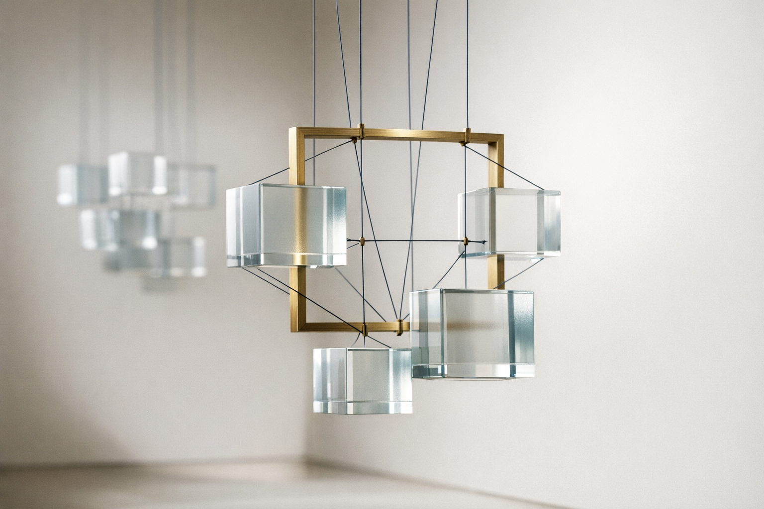 Glass blocks connected to a gold frame by blue tension cables.